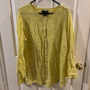 Tahari Women's Roll Tab Long Sleeve 100% Linen Yellow Green Button up Shirt ~ 1X